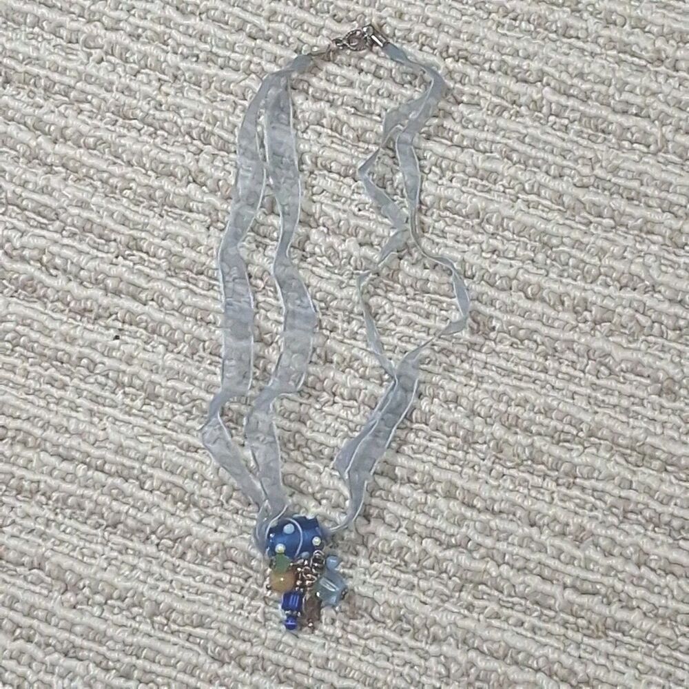 Artisan Blue Art Lampwork Glass Bead Cluster Pendant Light Blue Ribbon Necklace